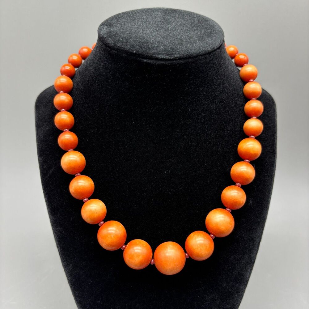 Vintage MCM Orange Tagua Nut Vegetable Ivory Graduated Bead Necklace 18"